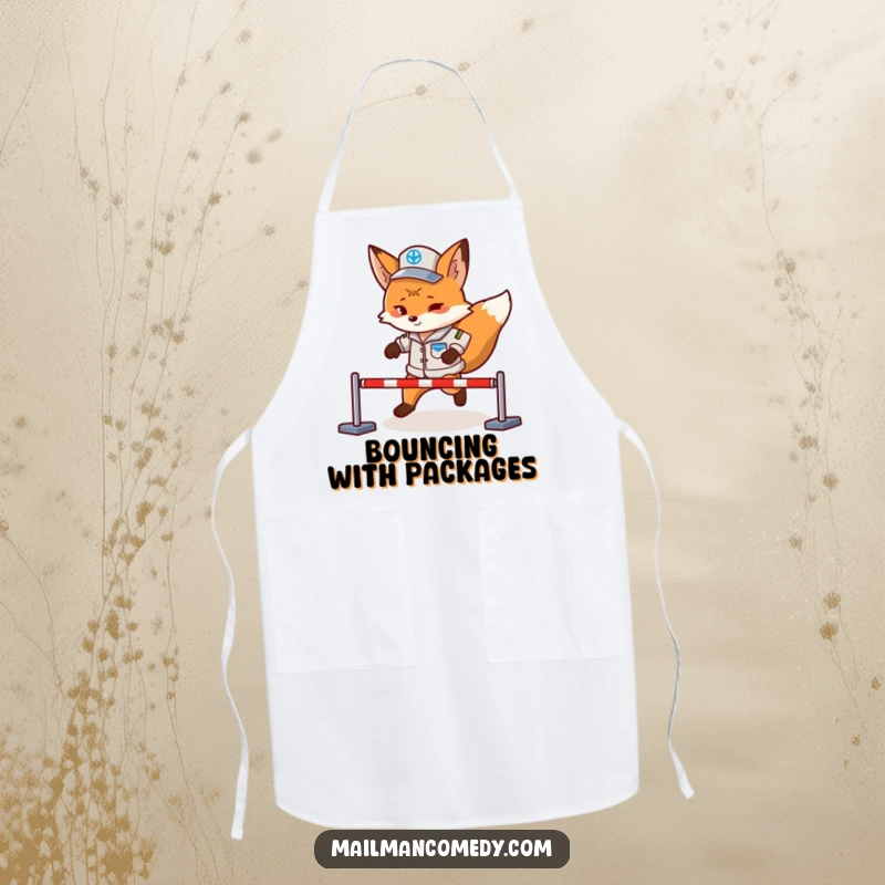 Funny fox mail carrier, determinedly crossing an obstacle, depicted on a practical and humorous kitchen apron.