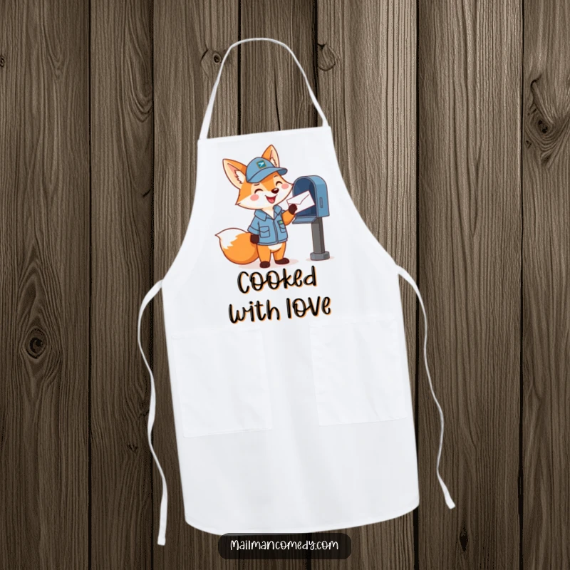 Funny apron featuring a happy cartoon fox in a mail carrier uniform, cheerfully tossing a letter into a mailbox, kitchen ready.