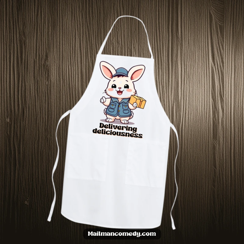 Funny apron featuring a fluffy bunny mail carrier excitedly handing a package with a big smile, ideal for kitchen fun.