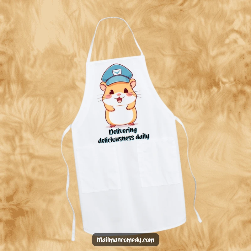 Funny hamster mail carrier apron, showing a cute rodent in a mail uniform ready to cook.