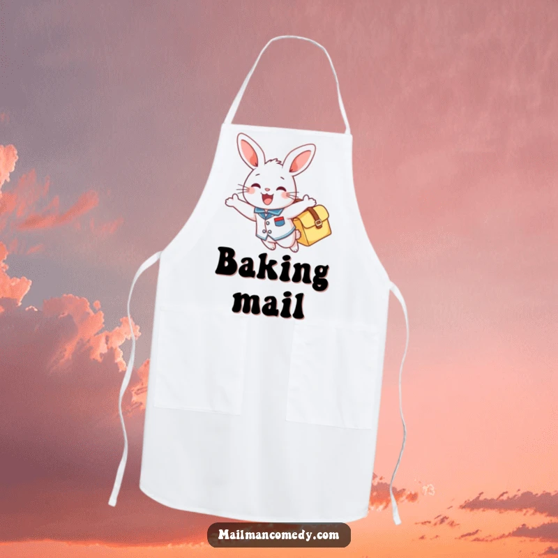 Funny apron art of a cheerful bunny in a uniform, gleefully soaring with a mailbag, ready for kitchen tasks.