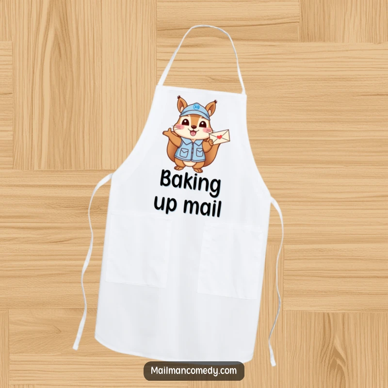 Funny Squirrel Mail Carrier Apron: A cheerful squirrel mail carrier in uniform waving a letter.