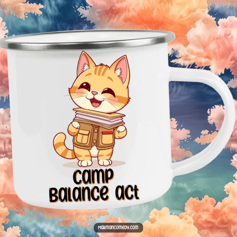 Funny camping mug featuring a giggling cat in a mail carrier vest, balancing a stack of letters on its nose, for outdoor fun.