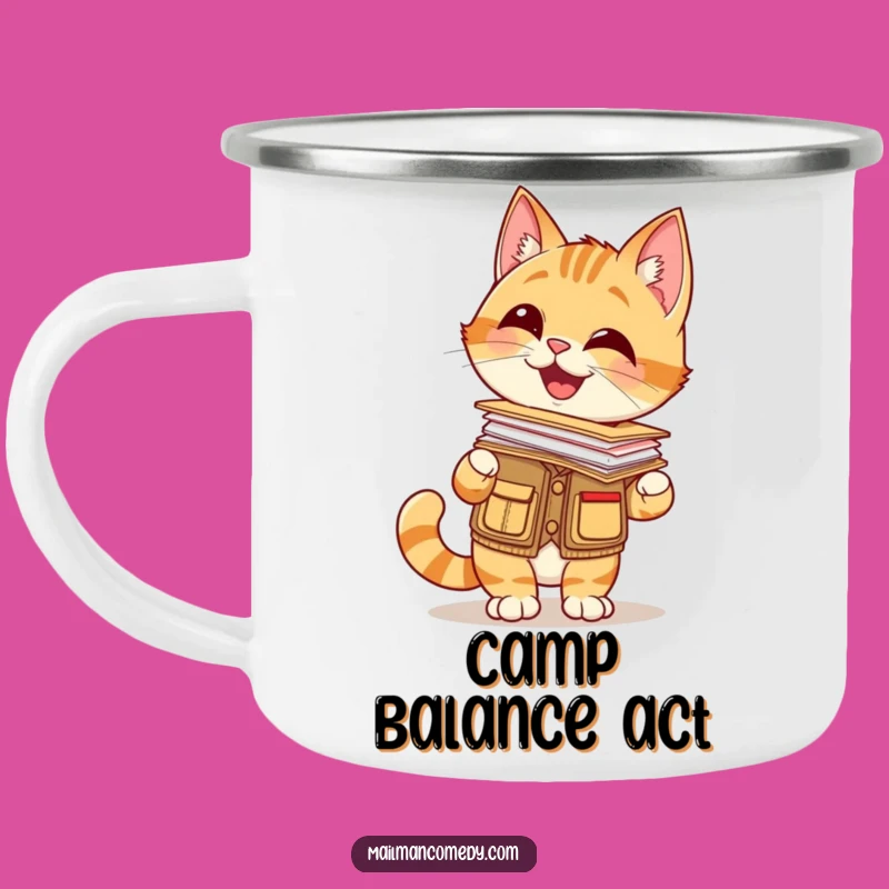 Funny Cat Mail Carrier Camping Mug: Adventure with a Balancing Cat