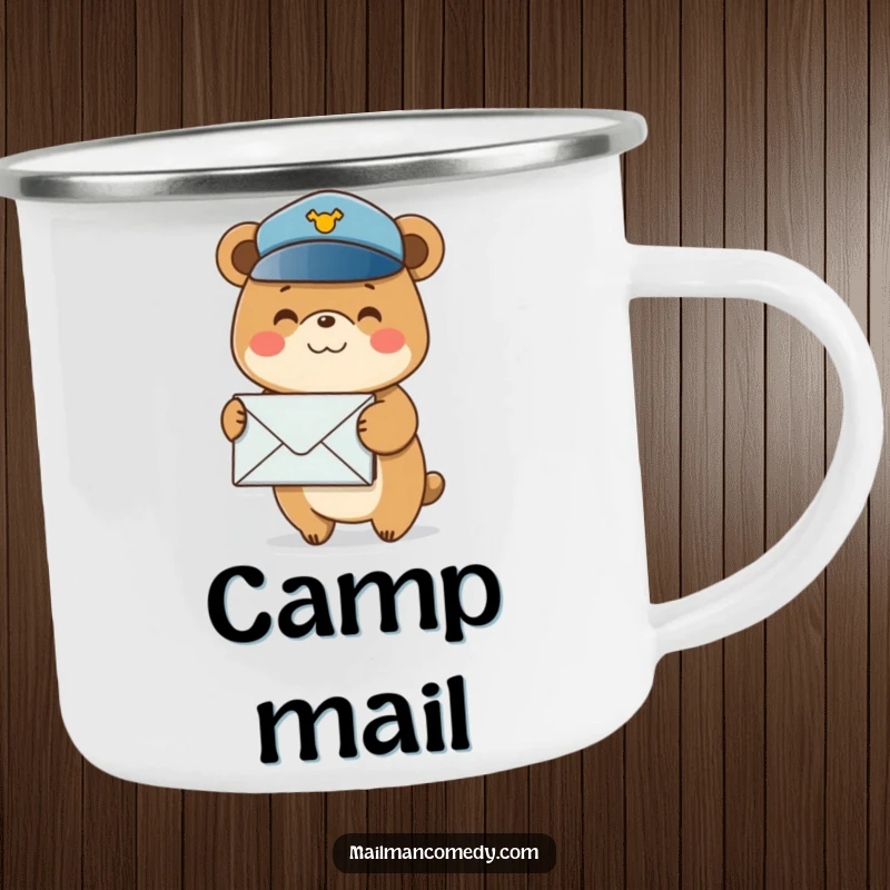 Funny camping mug featuring a smiling bear in a postal hat, balancing a stack of envelopes, ready for outdoor adventures.