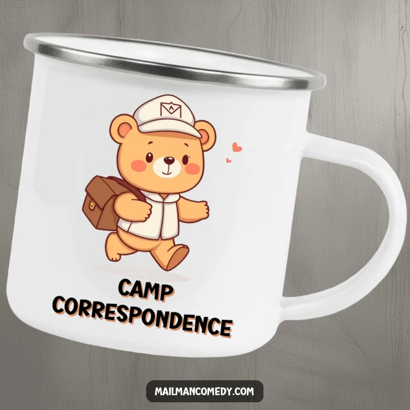 Funny camping mug featuring a cute bear mail carrier skipping happily with a satchel of letters, durable and cheerful for outdoor use.