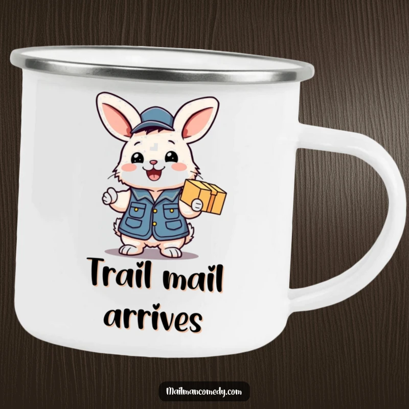 Funny camping mug featuring a fluffy bunny mail carrier excitedly handing over a package with a smile, durable and cheerful for outdoor use.