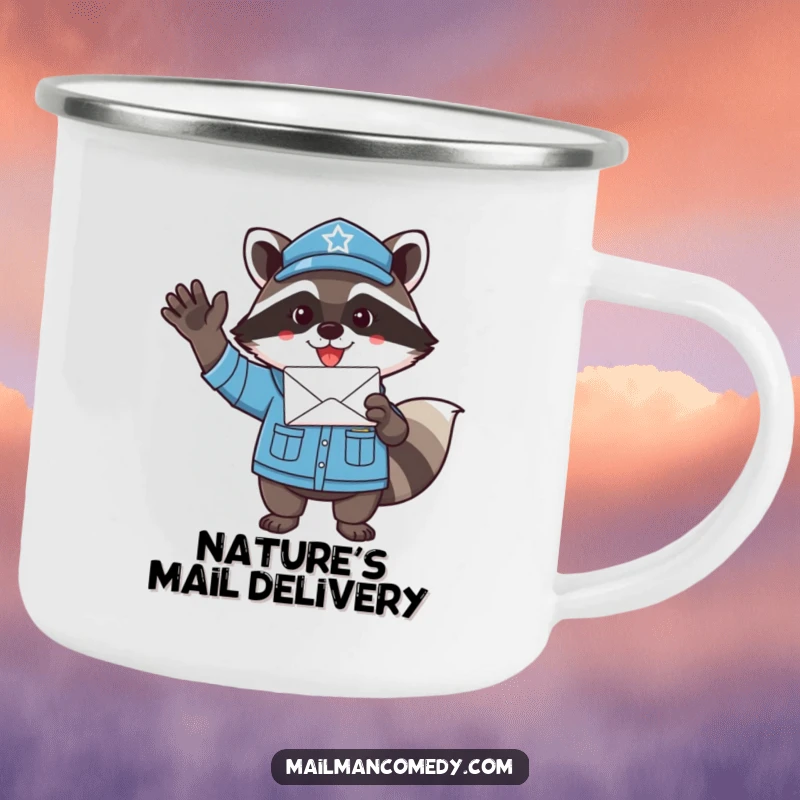 Funny raccoon mail carrier, enthusiastically waving a letter, on a durable camping mug for outdoor smiles.