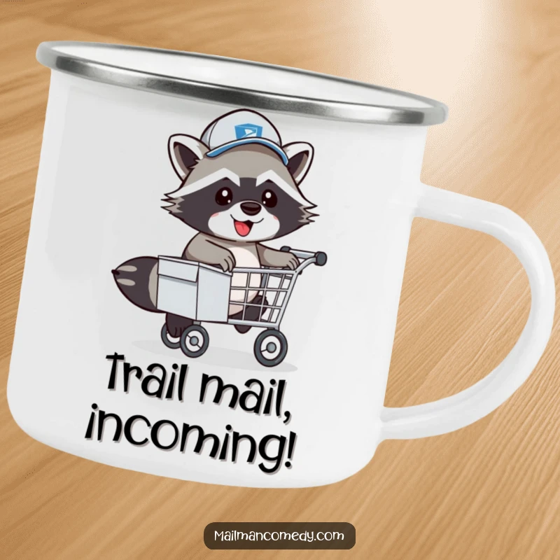 Funny Raccoon Mail Carrier Camping Mug: An energetic raccoon postman hopping over a mail cart.