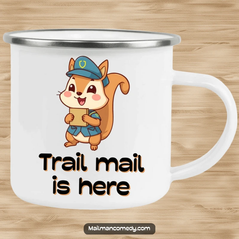 Funny squirrel in uniform, delivering a parcel, durable and funny camping mug.