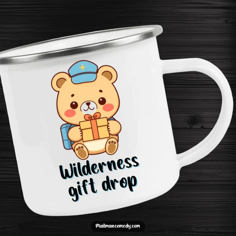Funny bear mail carrier, smiling and delivering a tiny gift, on a durable camping mug for outdoor smiles.