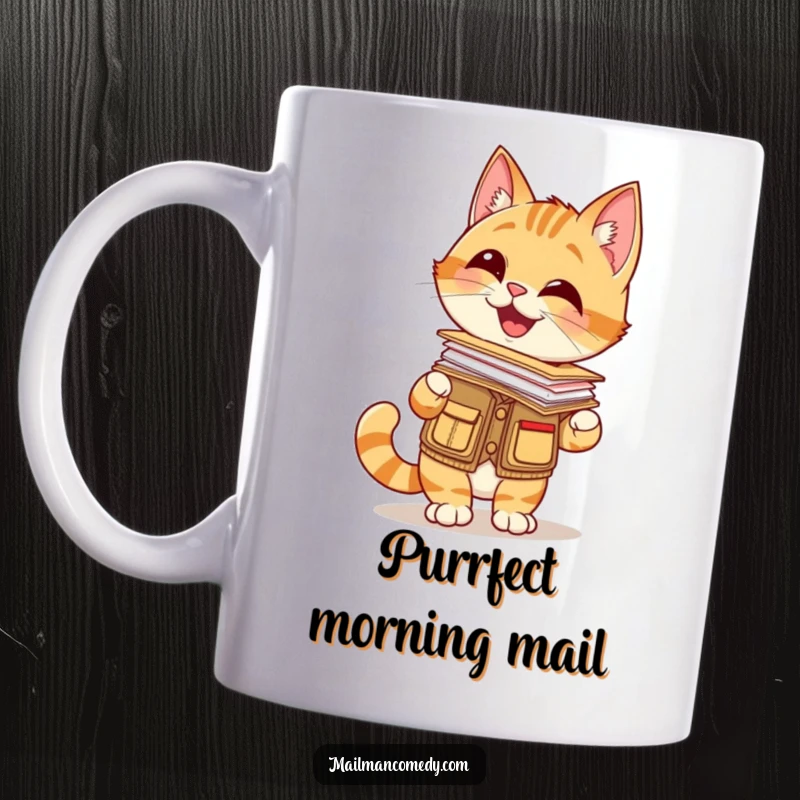 Funny mug with a giggling cat in a mail carrier vest, balancing a stack of letters on its nose, a picture of concentration.