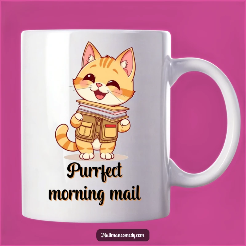 Funny Cat Mail Carrier Mug: Giggling Cat Balancing Letters Hilariously