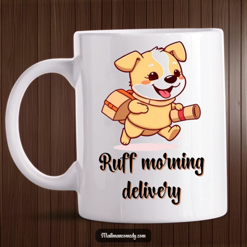Funny mug featuring a playful dog wearing a mail bag, happily running with a rolled-up package, embodying canine delivery joy.