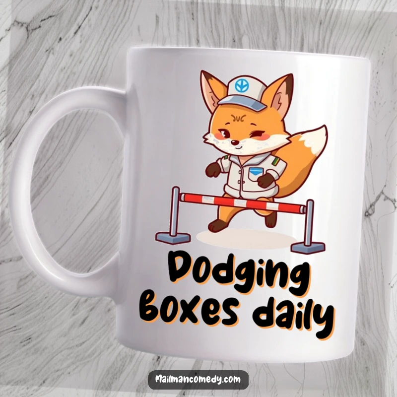 Funny fox mail carrier in uniform bravely navigating a mini obstacle course, showcasing determination and humor on this unique mug.