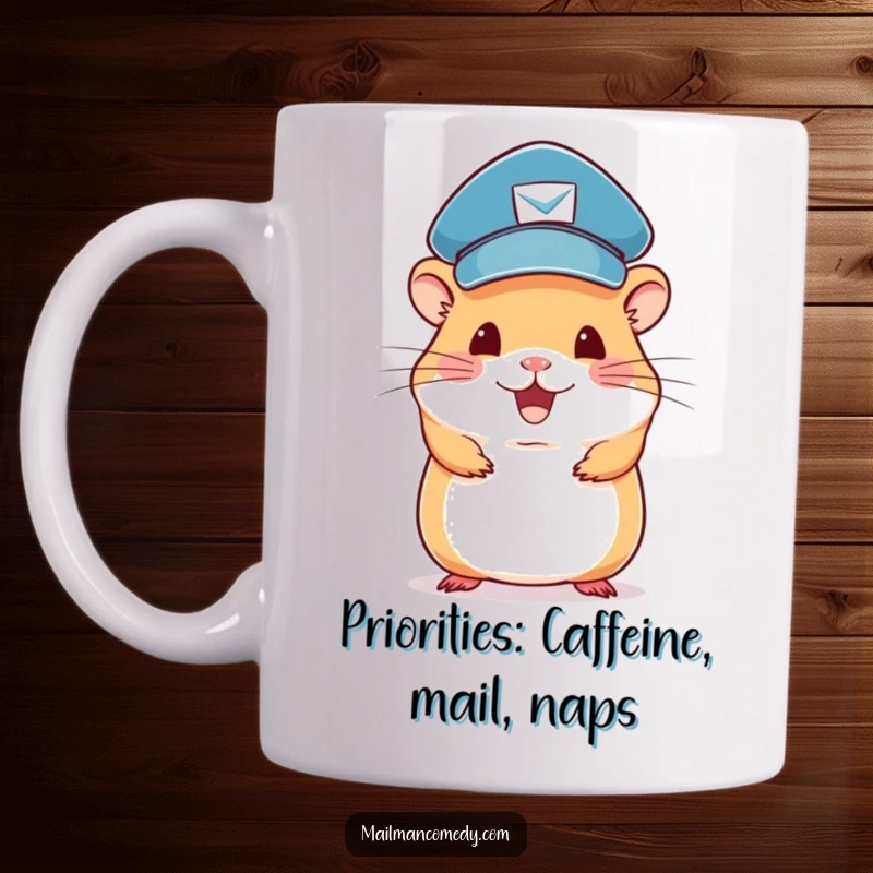 Funny hamster mail carrier mug with a tiny cap, balancing letters on its head, spreading joy.