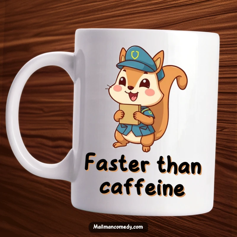 Funny squirrel wearing a uniform, excitedly delivering a small parcel, perfect for a funny gift mug.