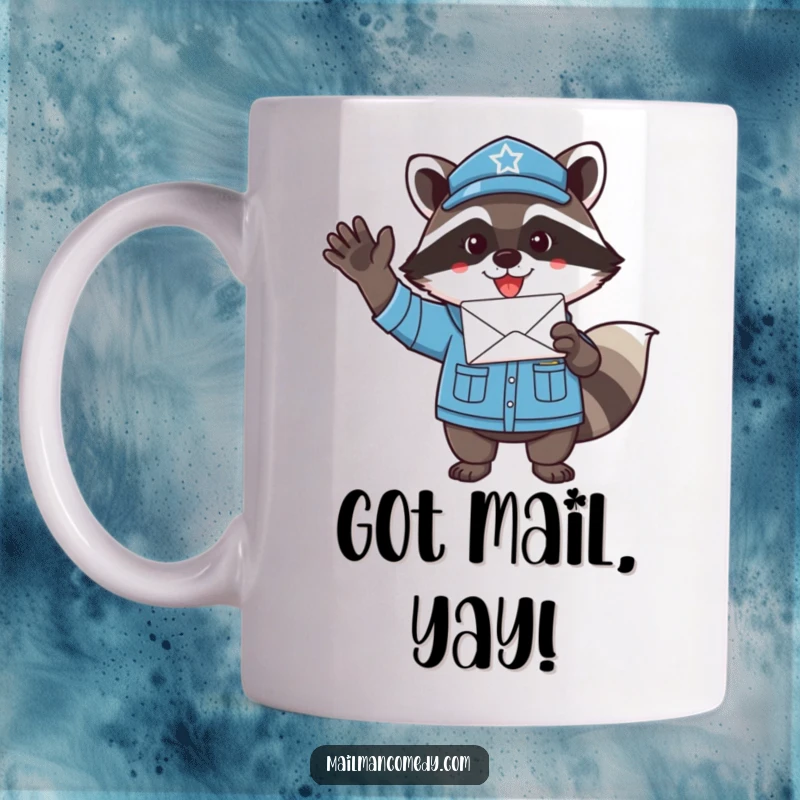 Funny raccoon in a mail uniform, joyfully waving a letter with great enthusiasm, featured on a delightful mug.