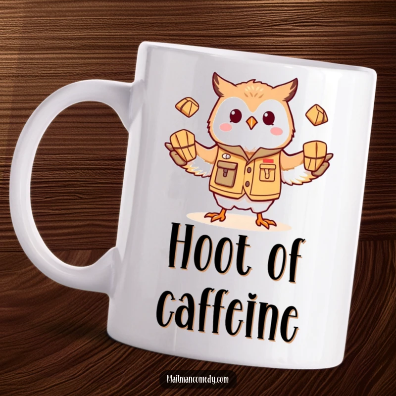 Funny, silly owl in a mail vest, humorously juggling three small parcels, featured on a delightful mug.