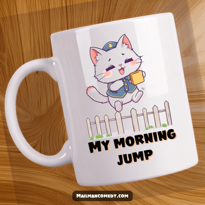 Funny courier cat mug showing a fluffy cat in uniform, leaping gracefully over a fence with a package in its mouth.