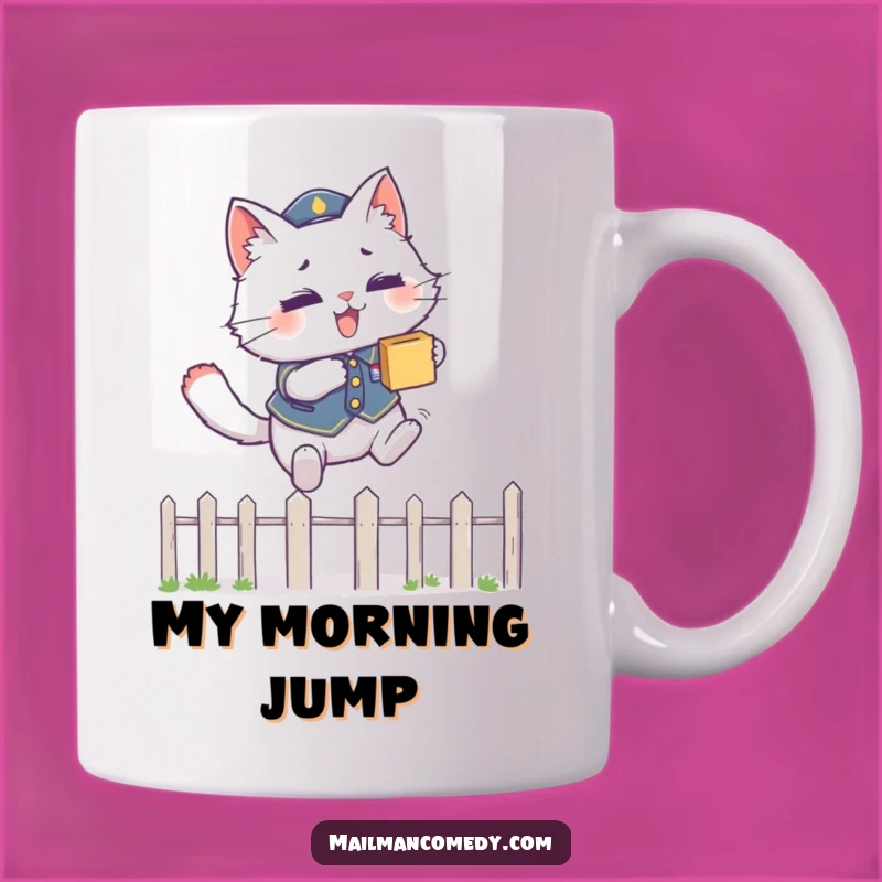 Funny Courier Cat Mug: Leaping Over Fence, Package Delivery, Gift!