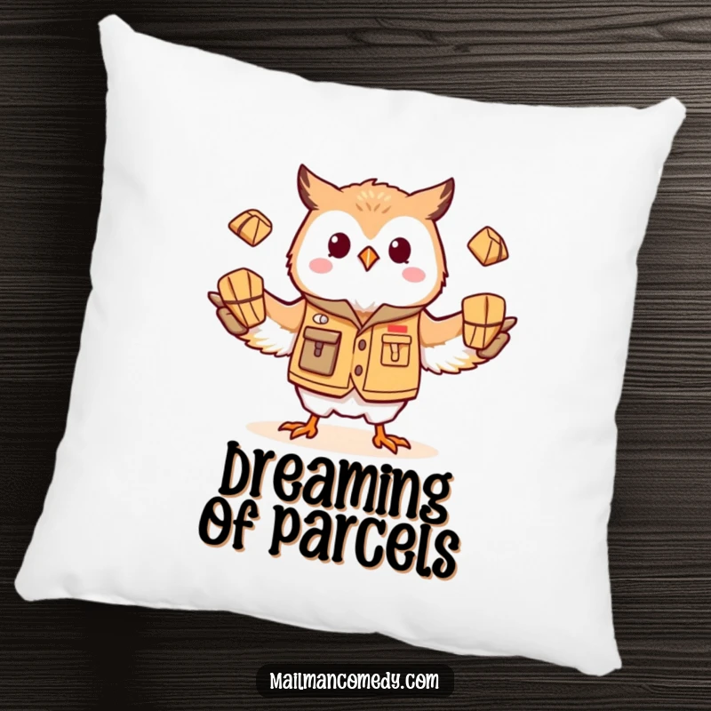 Funny owl mail carrier, in the midst of a juggling act, bringing whimsy and comfort to this decorative pillow.