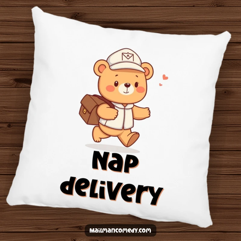 Funny pillow featuring a cute bear mail carrier skipping happily with a satchel of letters, perfect for cozy, cheerful decor.