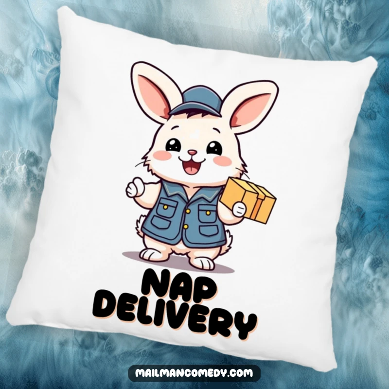 Funny pillow featuring a fluffy bunny mail carrier excitedly handing over a package with a smile, perfect for cozy, cheerful decor.