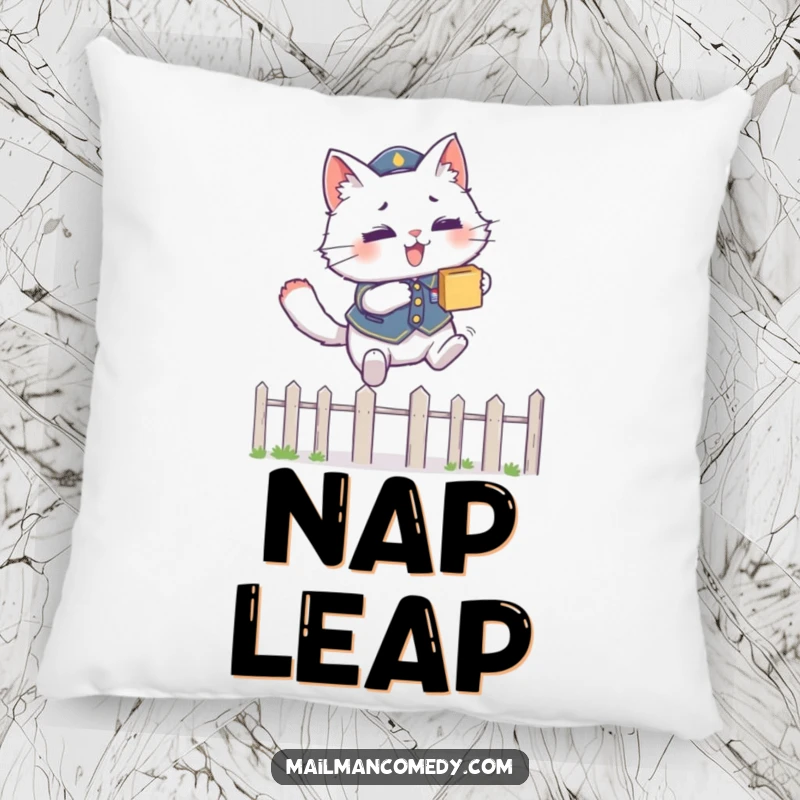 Funny decorative pillow featuring a fluffy cat in a uniform, leaping over a fence with a package, ideal for sofas.