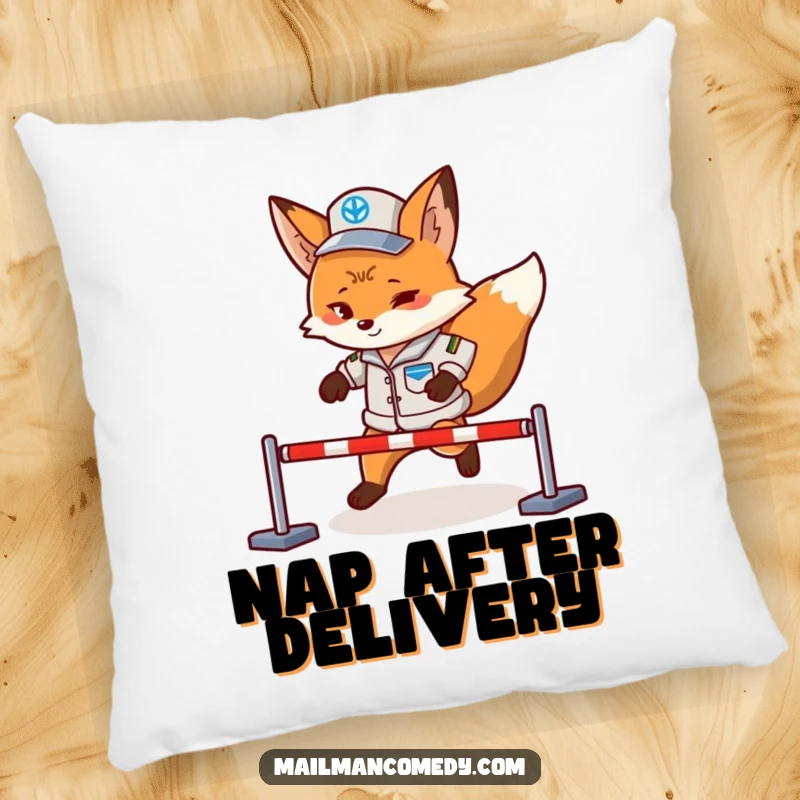 Funny fox mail carrier, mid-challenge on an obstacle course, bringing comfort and humor to this decorative pillow.