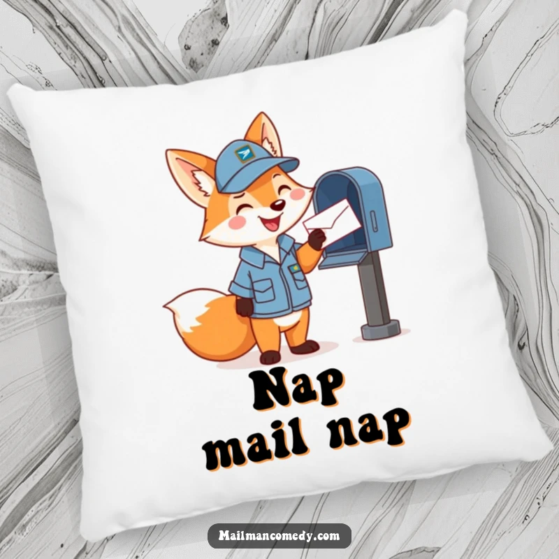 Funny pillow with a happy cartoon fox in a mail carrier uniform, cheerfully tossing a letter into a mailbox, soft and amusing.