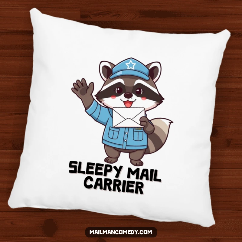 Funny raccoon mail carrier, enthusiastically waving a letter, bringing cheer and comfort to this decorative pillow.
