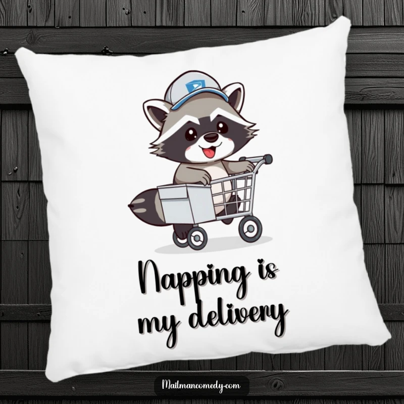 Funny Raccoon Mail Carrier Pillow: An energetic raccoon postal carrier playfully hopping over a mail cart.