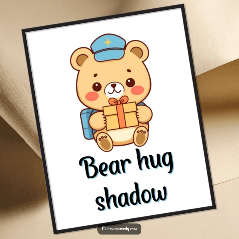Funny bear mail carrier art, showing a sweet smile and a small gift delivery, available as a digital print.
