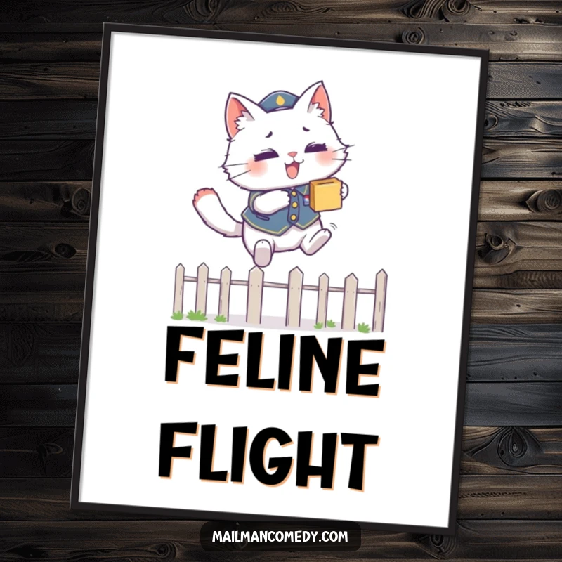 Funny digital art print of a fluffy cat in a uniform, leaping over a fence with a package, ideal for home decor.