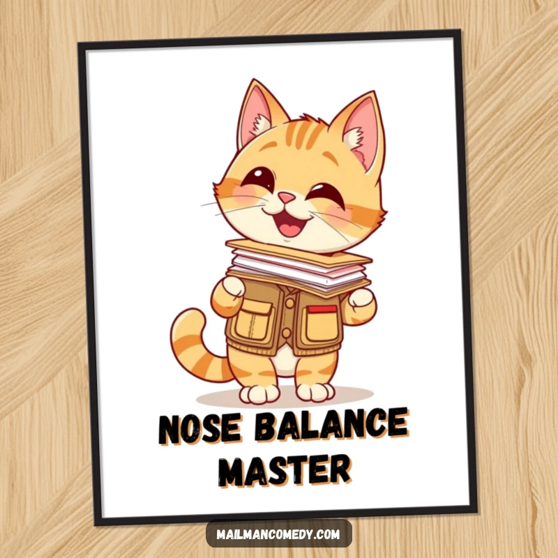 Funny digital art print of a giggling cat in a mail carrier vest, balancing a stack of letters on its nose, charming and skilled.