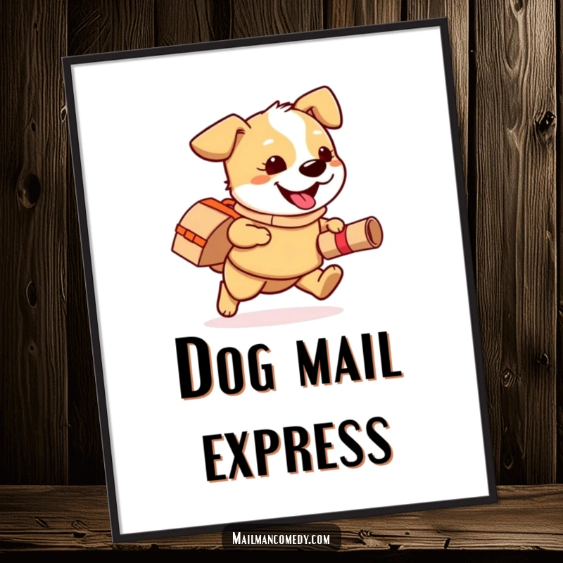 Funny digital art print of a playful dog wearing a mail bag, happily running with a rolled-up package, energetic and cute.