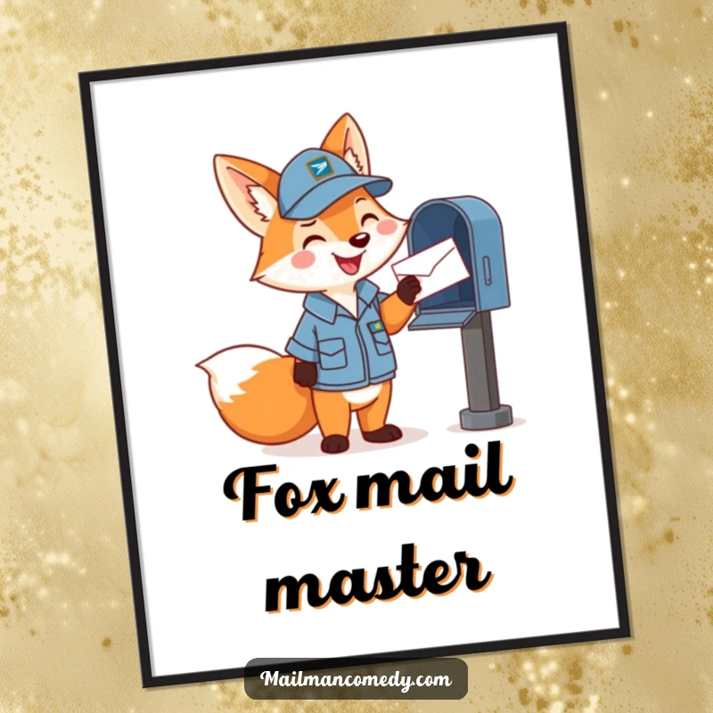 Funny digital art print of a happy cartoon fox in a mail carrier uniform, cheerfully tossing a letter into a mailbox, charming and cute.