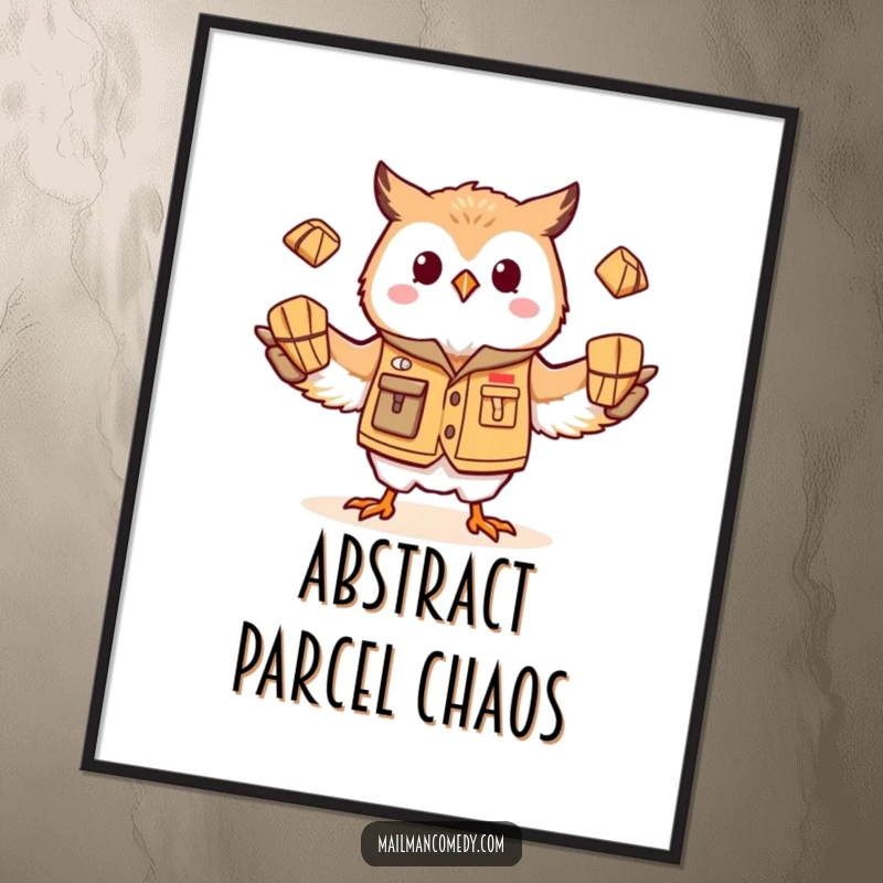 Funny owl mail carrier art, depicted in a comical juggling act, ready to be hung as a digital print.