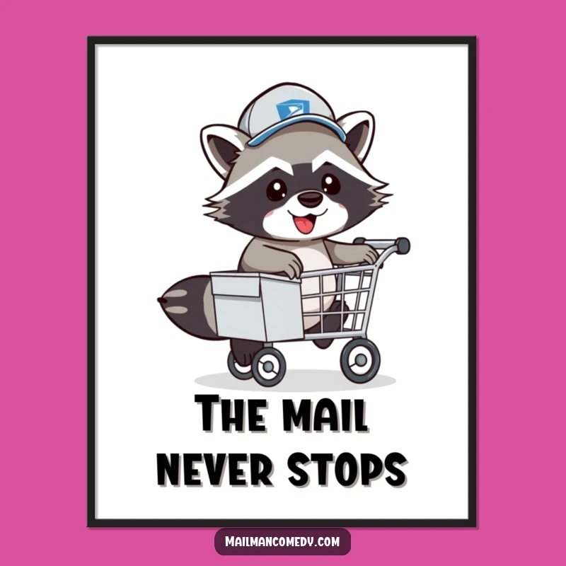 Funny Raccoon Mail Carrier Digital Art: Energetic Hop, Instant Funny Gift!