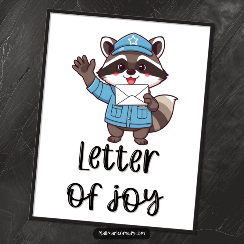 Funny raccoon mail carrier art, showing an energetic and enthusiastic wave with a letter, available as a digital print.