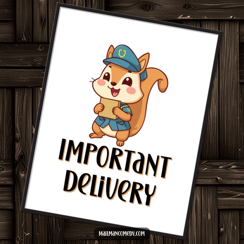 Funny squirrel in uniform, excitedly delivering a tiny parcel, high-resolution funny digital art.