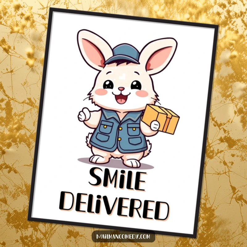Funny digital art print of a fluffy bunny mail carrier excitedly handing a package with a big smile, for cheerful wall decor.
