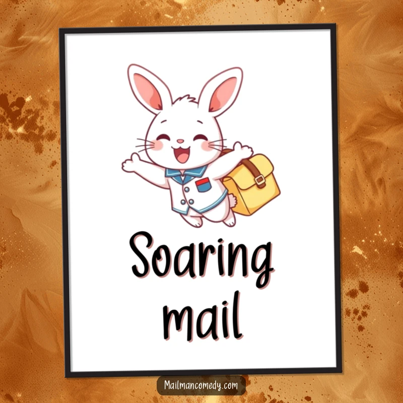 Funny digital art print of a cheerful bunny in a uniform, gleefully soaring with a mailbag, ideal for home decor.