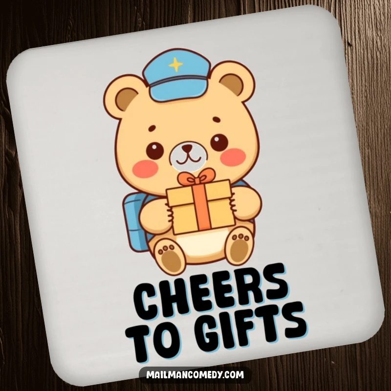 Funny bear mail carrier, delivering a tiny gift with a smile, printed on a protective and humorous drink coaster.