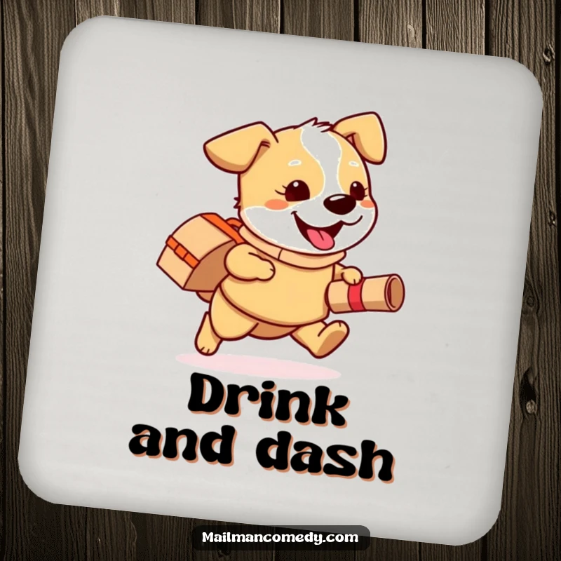 Funny coaster with a playful dog wearing a mail bag, happily running with a rolled-up package, a charming protector.