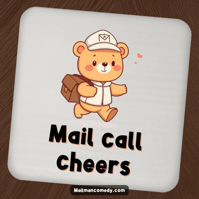 Funny drink coaster featuring a cute bear mail carrier skipping joyfully with a satchel of letters, adding cheerful humor to tables.