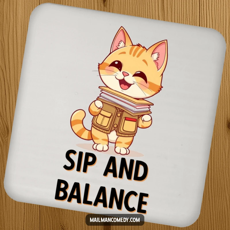 Funny coaster with a giggling cat in a mail carrier vest, balancing a stack of letters on its nose, a charming protector.