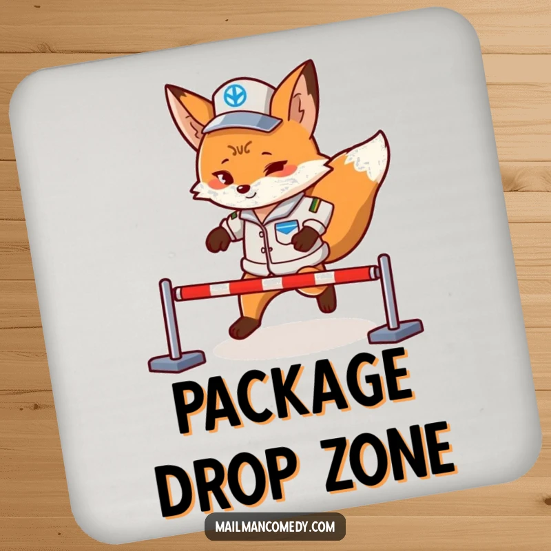 Funny fox mail carrier, navigating an obstacle course, printed on a protective and humorous drink coaster.