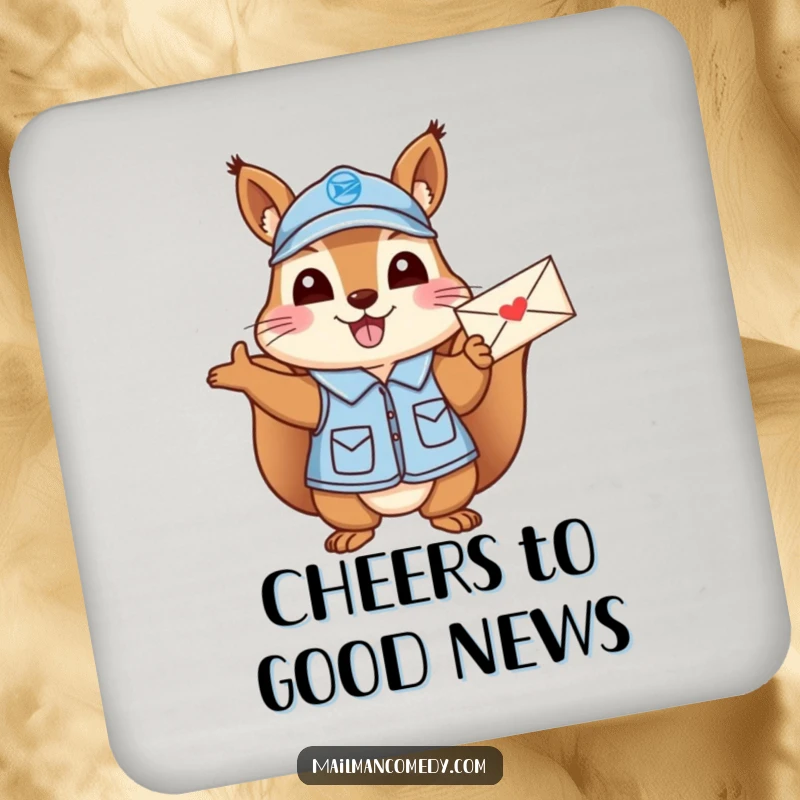 Funny Squirrel Mail Carrier Coaster: A cheerful squirrel mail carrier waving a letter excitedly.